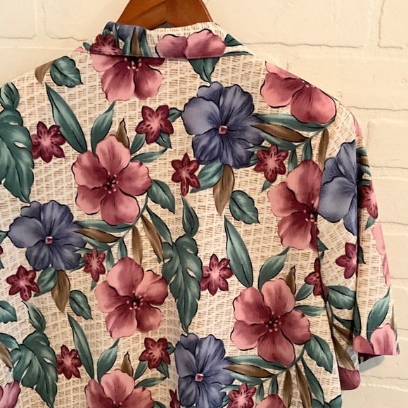 Vintage Button down shirt Tropical Floral Mixed print Aloha Cream Blue Dark 14 - Picture 3 of 8